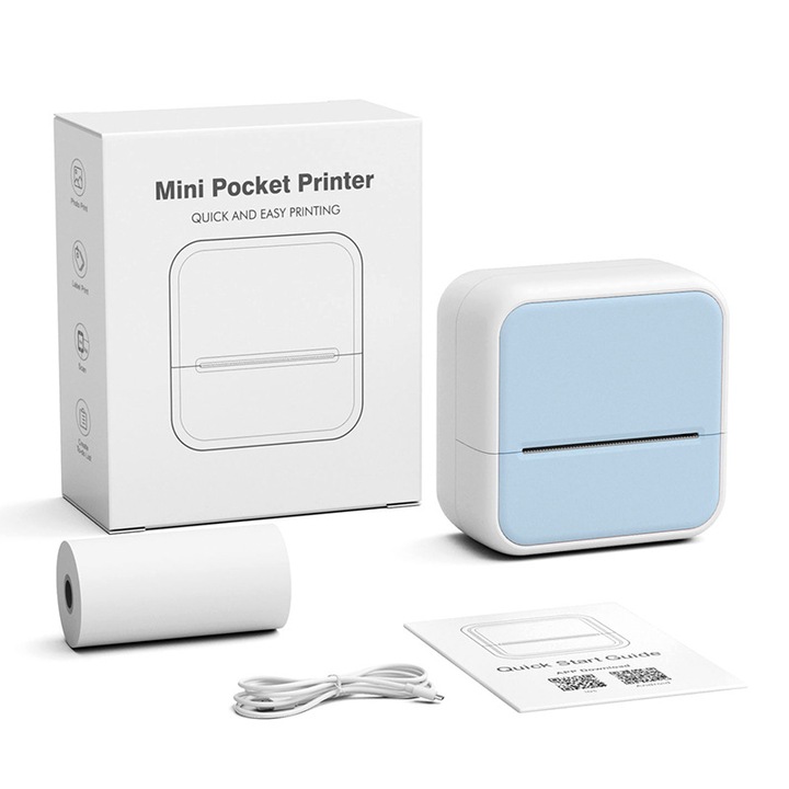 Мини термопринтер - Bluetooth - Съвместим с iOS/Android. Компактен принтер за етикети. Син