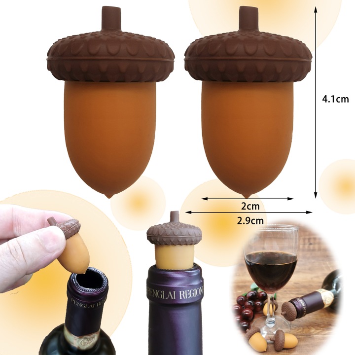 2 dopuri de sticle de vin din stejar in forma de con de pin, dopuri cu etansare din silicon, reutilizabile