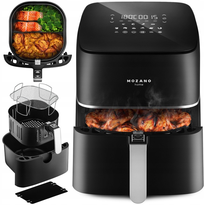 Фритюрник с горещ въздух Mozano Air Fry Master, 1700W, 12 програми, 8л, черно-сребрист, комплект с разделител и скара за грил
