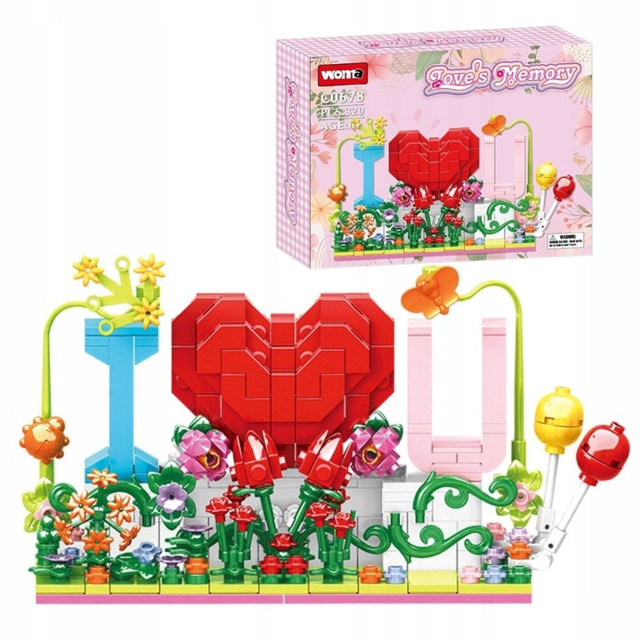 Set de constructie WOMA, 378 piese, inima rosie cu flori, 18x4,5x13,5cm