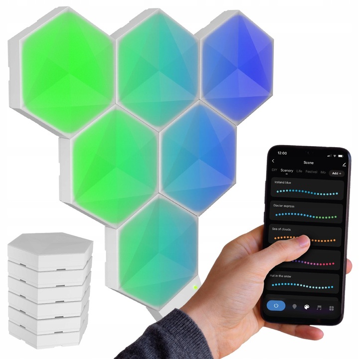 Set lampi modulare LED RGB hexagonale, 6 bucati, control prin aplicatie, compatibile cu Google Assistant si Alexa