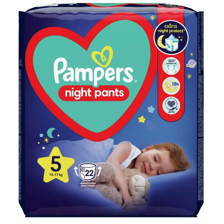 Scutece pentru noapte PAMPERS, marimea 5 (12-17 kg), set 22 bucati, 360 FIT, absorbtie rapida, protectie impotriva scurgerilor