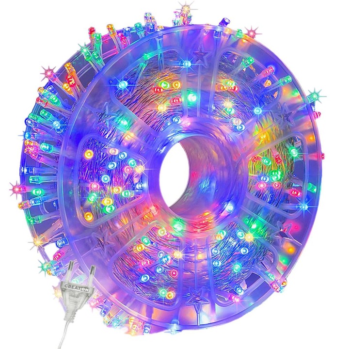Instalatie De Craciu,n Greaton, Tip Rola, Liniara, 8 Moduri De Lumina, Alimentare Prin Priza, Fir Transparent, Culoare Multicolor, 100 Metri, 800 Leduri