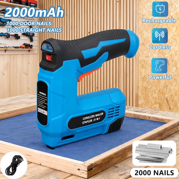 Capsator eletcric 2 in 1, MOSMAOO®, Pistol pentru cuie profesional, 2000mAh, Cu 2000 cuie, Blocare de siguranta, Magazie cu capacitate de 100 buc, Negru/Albastru