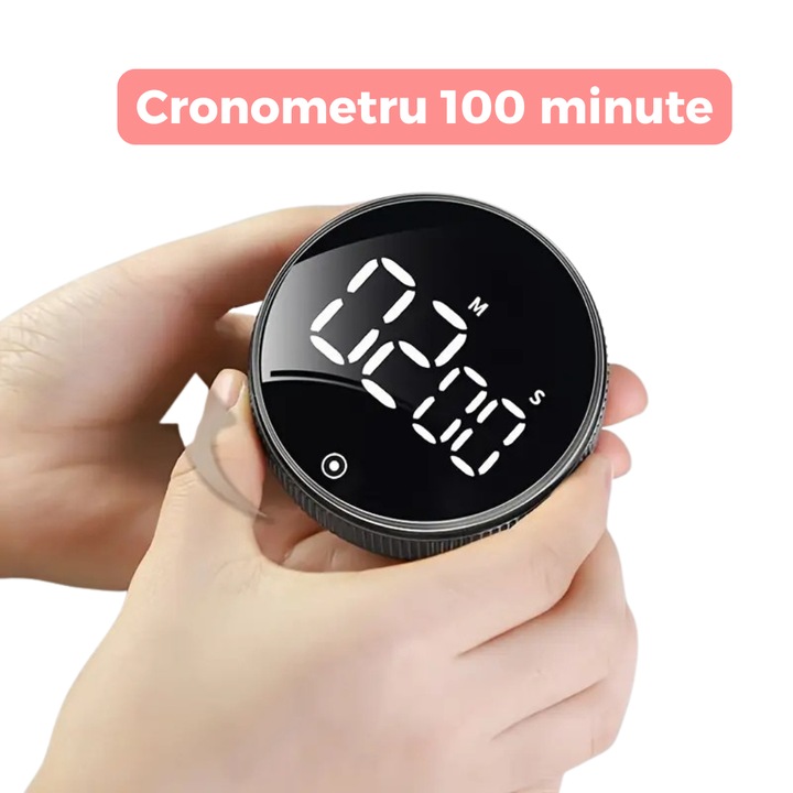 Cronometru rotativ multifunctional 3-in-1, pentru bucatarie, sport si studiu, portabil, 3 viteze, silentios, cu cadran rotativ 360°, functionare pe baterii, design compact, culoare argintiu