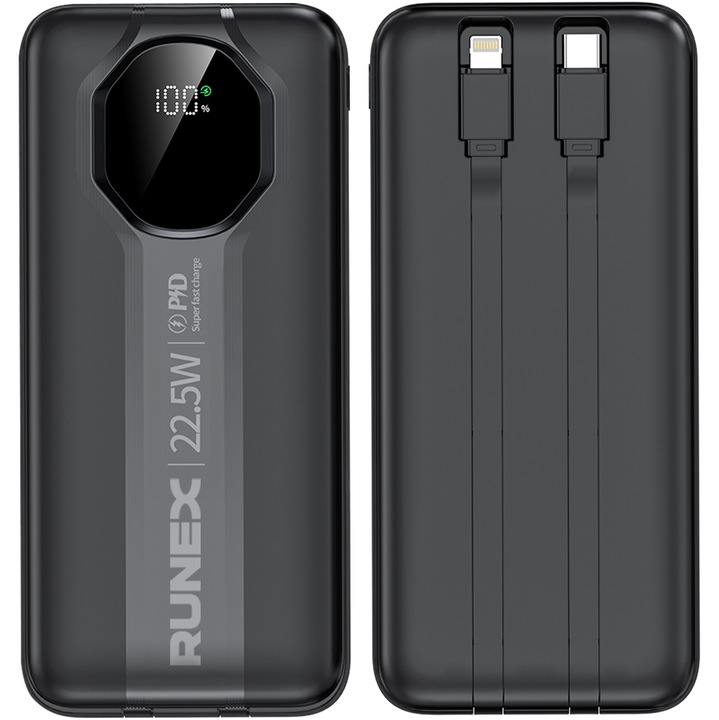 Baterie Externa Runex®, Model PB900, 30.000mAh, Power Bank Portabil, Incarcare Rapida 22.5W, 6 Porturi, Display LED, Compatibil Apple, Samsung, Universal, Acumulator 2 Cabluri, Type-C, Lightning