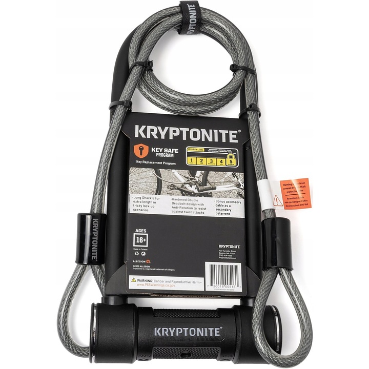 Антикражба за велосипед U-lock Kryptonite Heavy Duty, 254x14 мм, черен, с 2 ключа и кабел за връзване