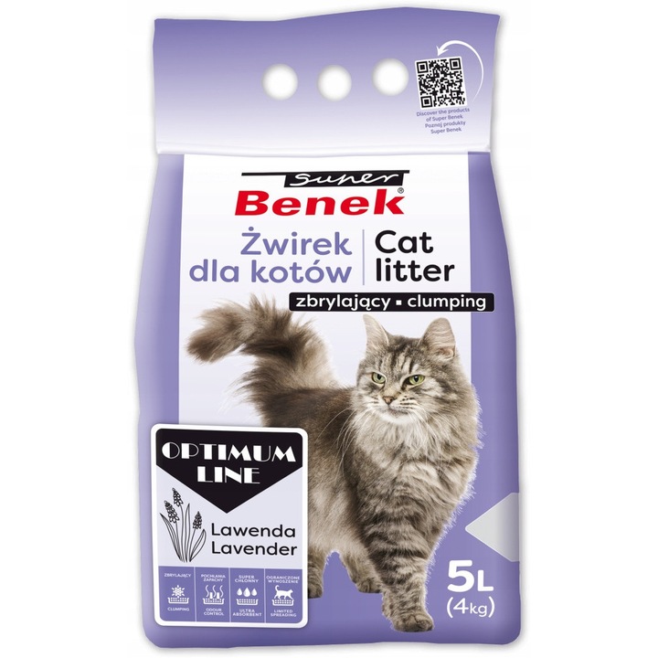 Котешка тоалетна Super Benek Optimum, 5л, бентонит, свеж аромат, фини и едри гранули