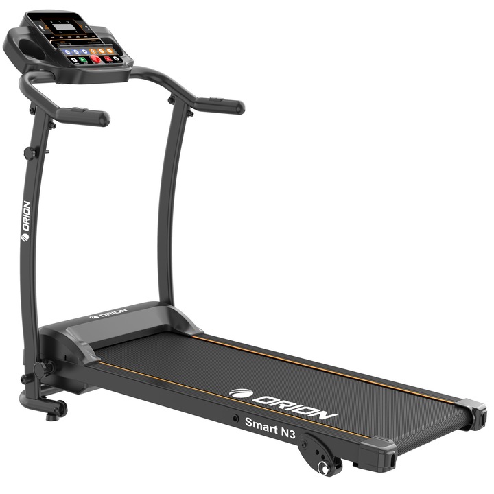 Elektromos futópad Orion Smart N3, 2 LE motor, manuális dőlésszög, LCD kijelző, Bluetooth Fitshow/Kinomap/Zwift, maximális felhasználói súly 100 kg, futófelület 100x35 cm, 1-10 km/h, összecsukható