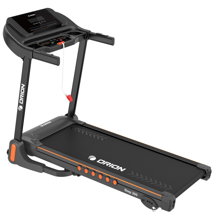 Elektromos futópad Orion Step 200, 2.5 LE motor, manuális dőlésszög állítás, LED kijelző, Bluetooth Fitshow/Kinomap/Zwift, maximális felhasználói súly 120 kg, futófelület 105x41 cm, 1-14 km/h, összecsukható