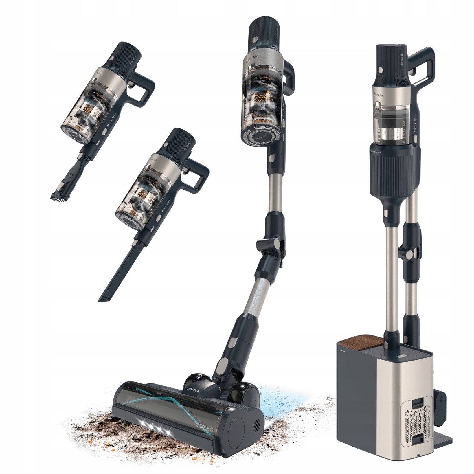Aspirator vertical Cecotec Conga Rockstar 5500 Hurricane Station Flex, 220 AW, 90 minute autonomie, 2 in 1, negru