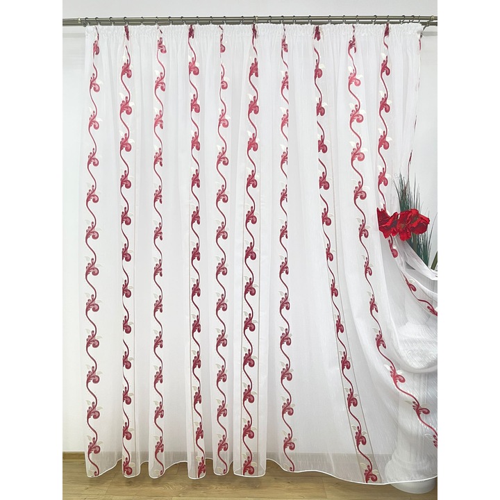 Perdea brodată mecanic LIZ LINE, Gladiola, alb/roșu, 500x245cm, cu rejansa