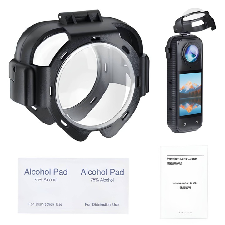 Insta360 X5 Lencsevédő, BRDRC, optikai üveg, karcálló, vízálló, 52x42x40.8mm, szett: 1x védő, 2x tisztítókendő, 1x használati útmutató