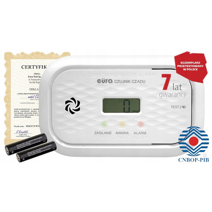 Eura CD-72A2v7300/B szén-monoxid érzékelő, elektrokémiai szenzor, 85 dB, 120x73x34mm, 2 db AA elemmel