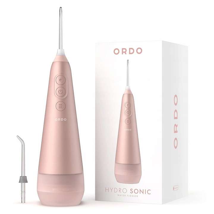 Преносим орален иригатор ORDO Hydro Sonic, розов, 260 мл, 3 нива на налягане, захранване с батерия