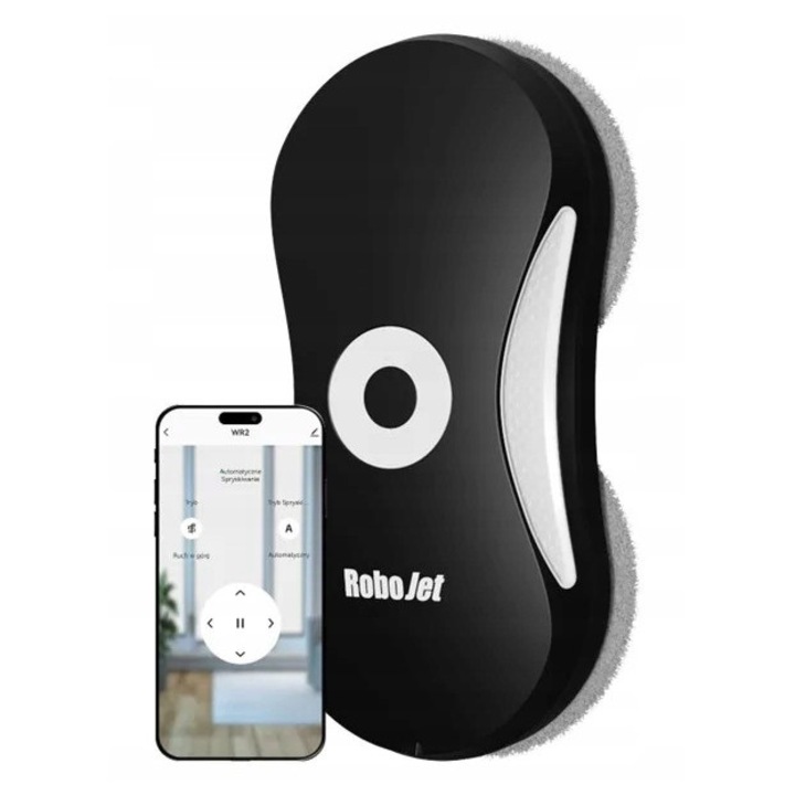 Робот за почистване на прозорци RoboJet WR2, всмукателна мощност 2800 Pa, компактен дизайн, черно-бял, пълен комплект