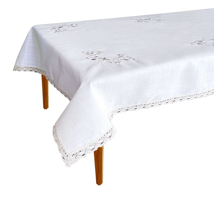 Terítő 140x280cm, markizett, fehér, virágmintás, csipkés szegély