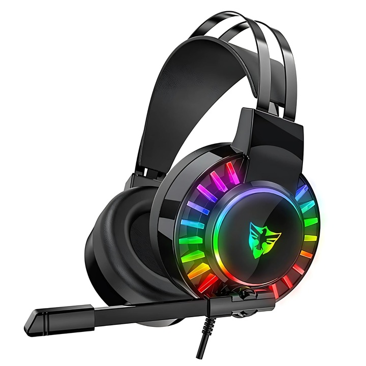 Геймърски слушалки LEWER®️ G505 RGB, HD съраунд система, Контрол на звука, Регулируем микрофон с шумопотискане, Мощни 50мм говорители, Честота 20Hz–20kHz, Импеданс 32Ω, Чувствителност -58 dB ± 3 dB, за PC, PS5, PS4, Xbox, Черен