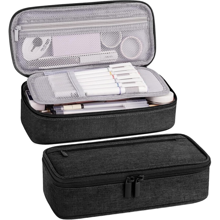 Многофункционален несесер, 5 отделения, голям капацитет, плат, 23 x 11 x 6.5см, Черен