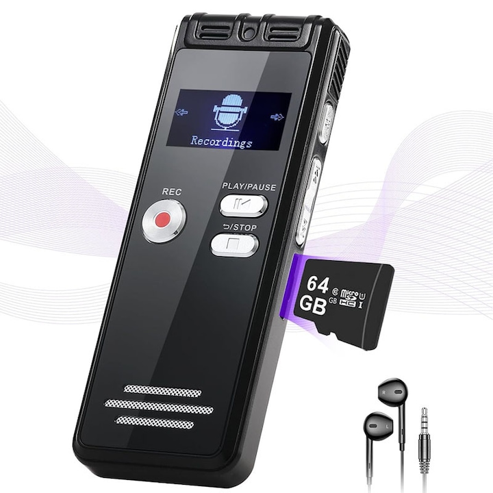 Професионален диктофон, Rqiurpn, MP3/WAV, 64 GB, Гласова активация, Намаляване на шума, Лесно транскрибиране, Всепосочен запис, Вграден микрофон, Подходящ за лекции и срещи, Черен