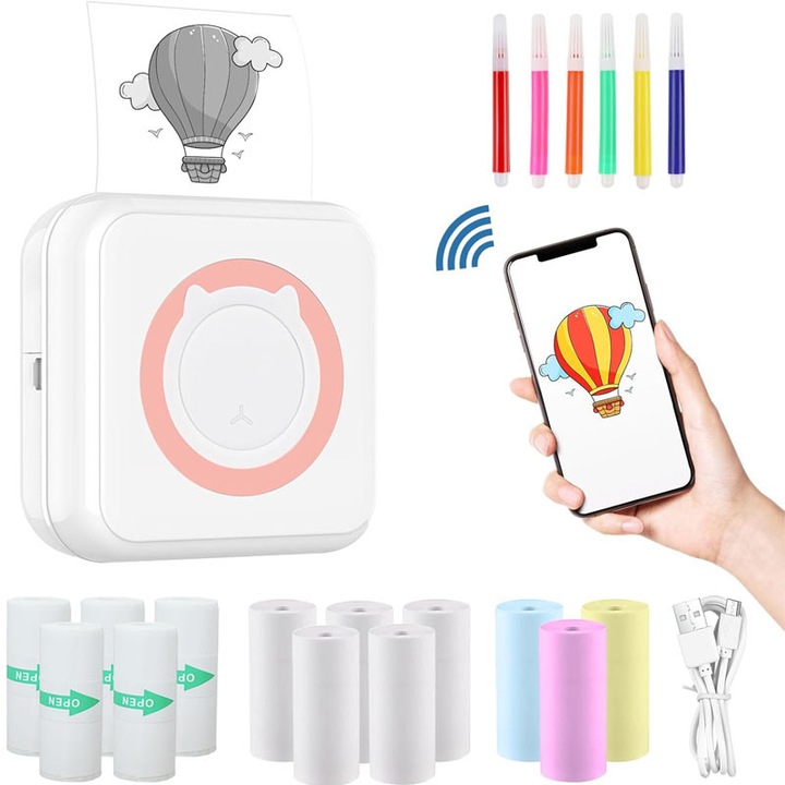 Комплект мини термопринтер, Rqiurpn, с 13 ролки хартия 57x25mm и комплект цветни химикалки Bluetooth, съвместим с iOS/Android, печат от приложение, преносим, бял/розов
