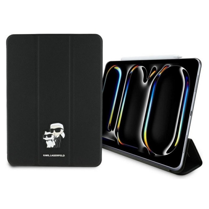Karl lagerfeld magnetic karl&choupette tabletvédő álló, bőr hatású, flip, oldalra nyíló, trifold, asztali tartó, fekete, kompatibilis: Apple IPAD Pro 11, 2025, / IPAD Pro 11, 2024
