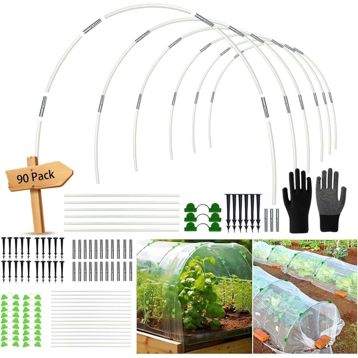Kit arcuri pentru sera DIY – 30 cadre din fibra de sticla, 20 conectori, 20 cleme, 20 cuie, manusi de protectie, pliabil, rezistent la intemperii, pentru tuneluri si sere mini