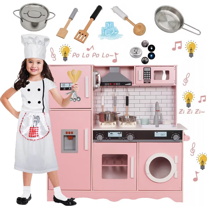 Bucatarie din lemn natural pentru copii LikeSmart ToP Pink Kitchen XXL, Chiuveta Functionala, Lumini si Sunete, Masina de spalat, Cuptor cu Microunde, Dispenser Cuburi Gheata, 97 cm, Pink