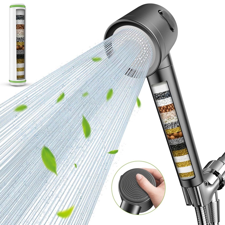 Cap de Dus cu Filtru Buyya, 3 Moduri de Pulverizare, Economisire 30% Apa, Gri, 19x7x12,7cm, Set cu Furtun inox 1,5m