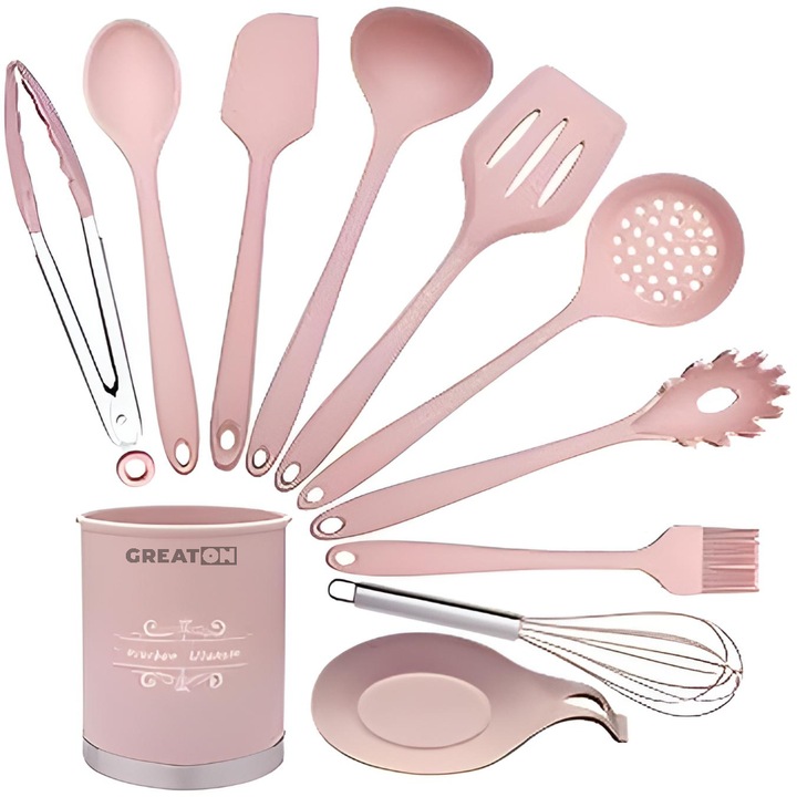 Set Ustensile GREATON De Bucatarie – 11 Piese, Silicon Alimentar, Roz Pudra