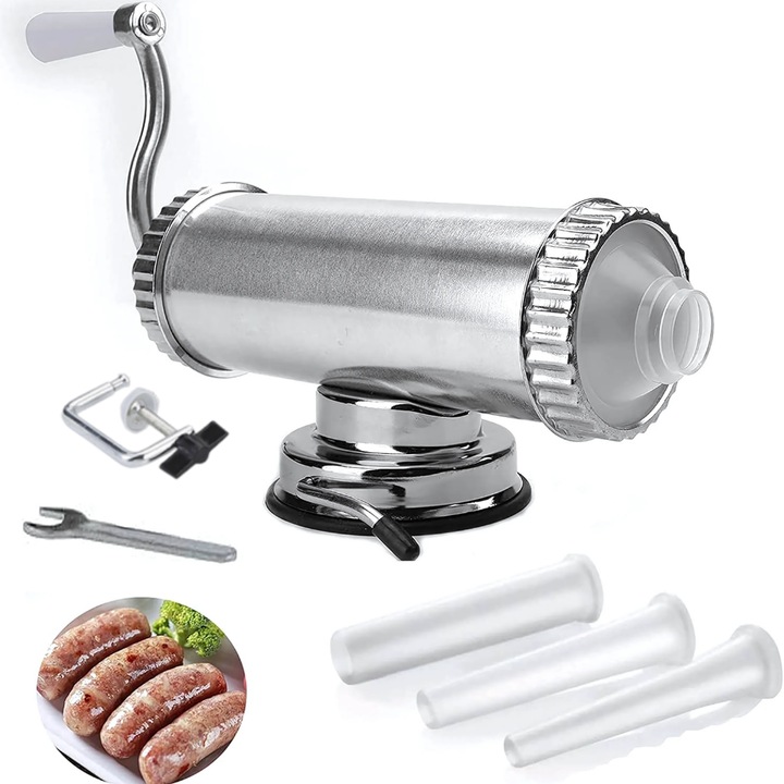 Masina De Facut Carnati Gardeon® 1.5KG, Din Aluminiu Dur, Cu Prindere Prin Ventuza Si Filet, 3 Palnii Incluse (15/19/22mm), Manivela Manuala, Fixare Stabila Pe Masa, Usor De Curatat, Ideal Pentru Preparare Carnati Si Lebar Acasa