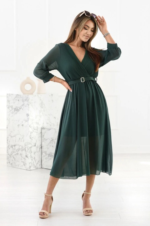 Rochie eleganta verde cu decolteu petrecut si curea in talie, Verde, One Size