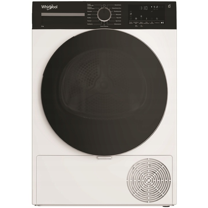 Сушилня Whirlpool, модел MX WSD 83M WBS PL, 8 кг, бяла, размери 47x59.7x84.6 см, с термопомпа
