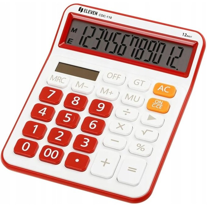 Calculator de birou Eleven CDC-110RDE, 12 cifre, alimentare solara si cu baterie, rosu, 125x160x28mm, set 1 bucata