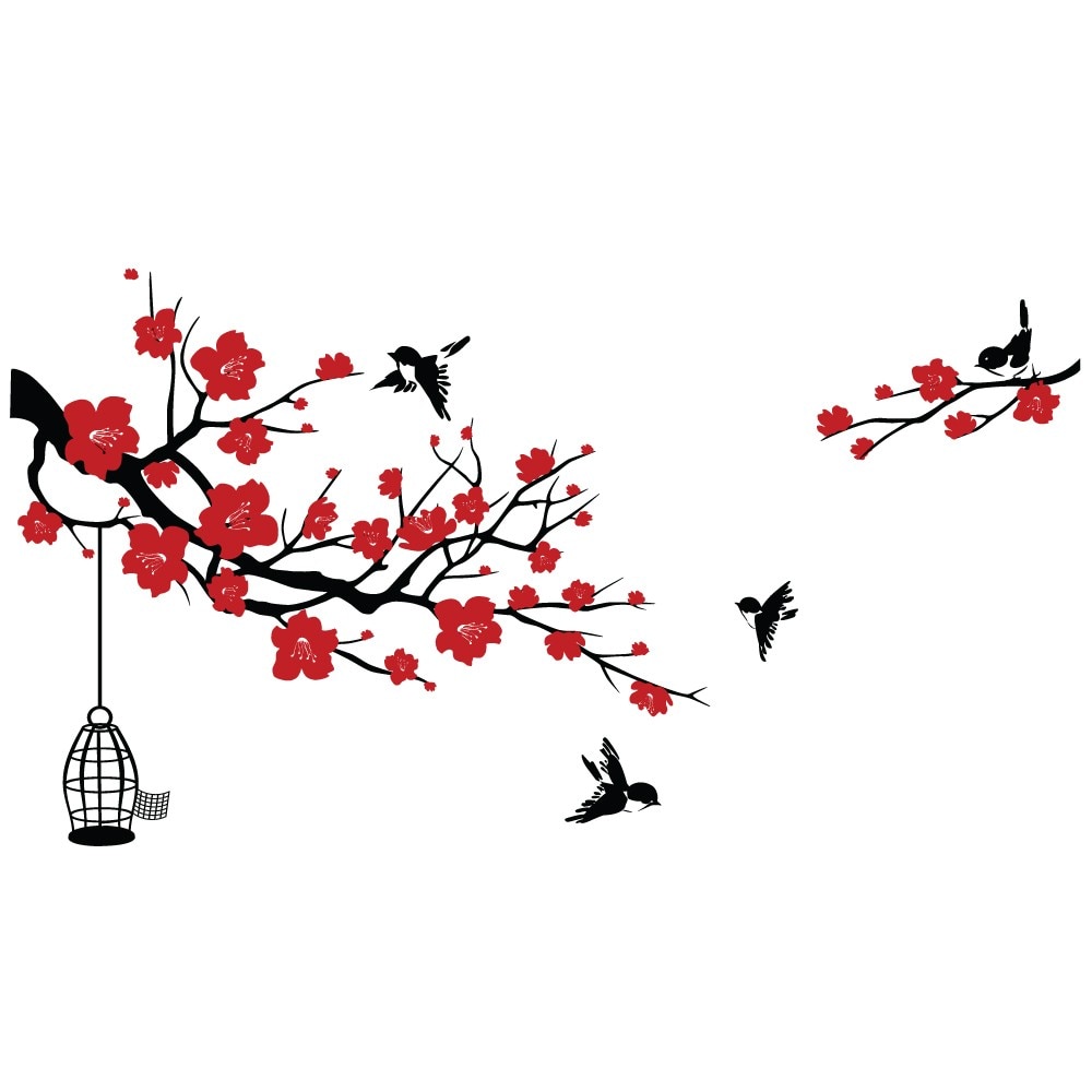 Sticker decorativ Stickero Crenguta inflorita cu pasarele, Negru cu Rosu, 145x120 cm