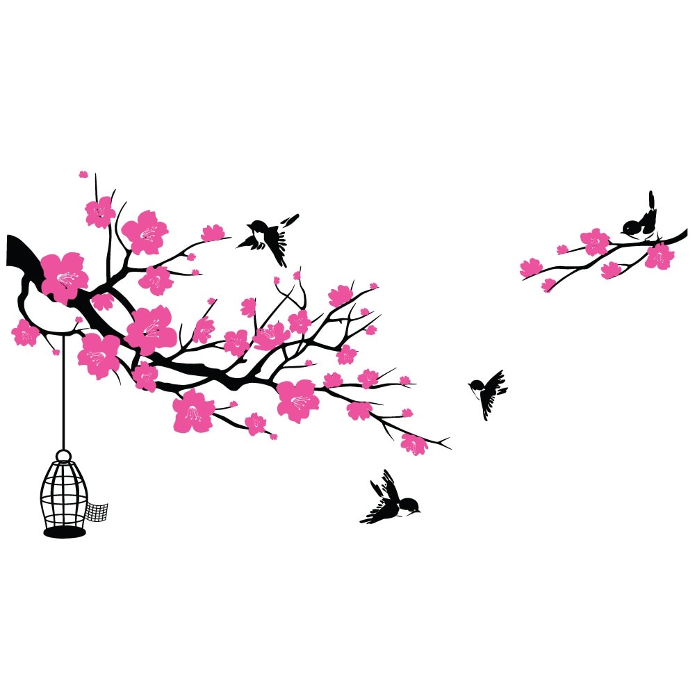 Sticker decorativ Stickero Crenguta inflorita cu pasarele, Negru cu Roz, 175x145 cm