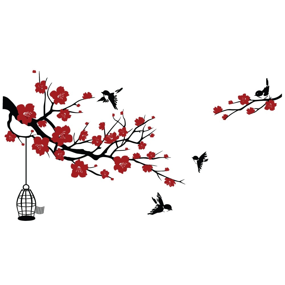 Sticker decorativ Stickero Crenguta inflorita cu pasarele, Negru cu Rosu inchis, 120x100 cm