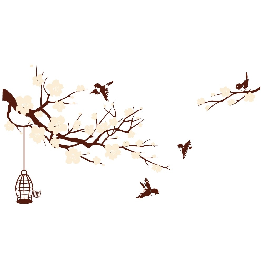 Sticker decorativ Stickero Crenguta inflorita cu pasarele, Maro cu Crem, 175x145 cm