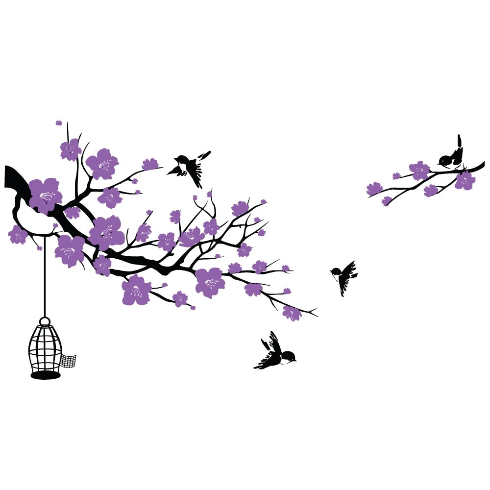 Sticker decorativ Stickero Crenguta inflorita cu pasarele, Negru cu Violet levanda, 174x145 cm