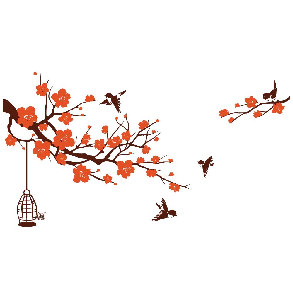 Sticker decorativ Stickero Crenguta inflorita cu pasarele, Maro cu Portocaliu, 145x120 cm