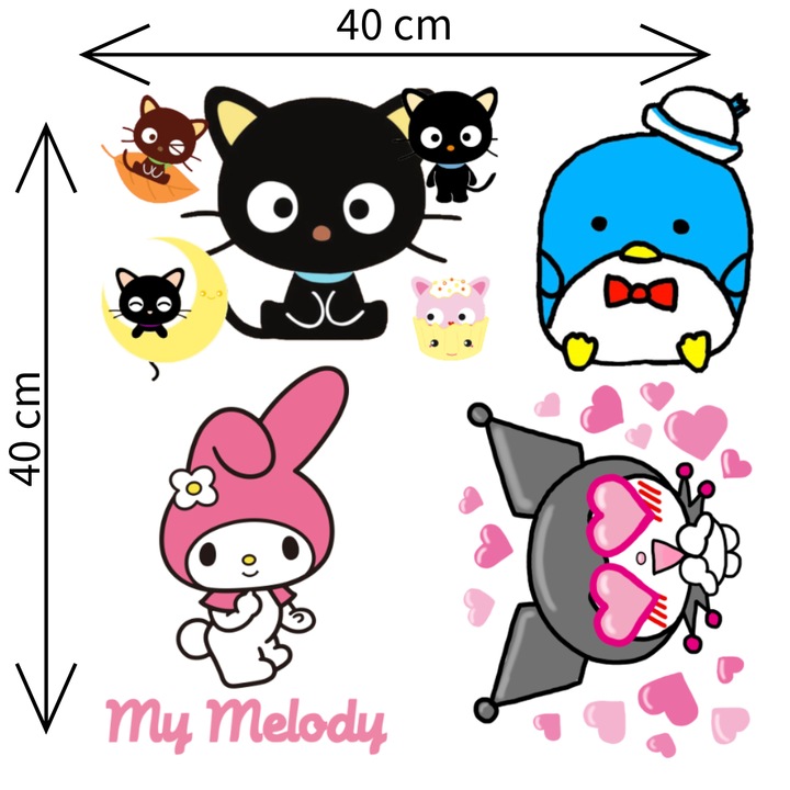 Комплект 4 термозалепващи се изображения за текстил Hello Kitty, апликация с ютия, 40 см x 40 см, M1