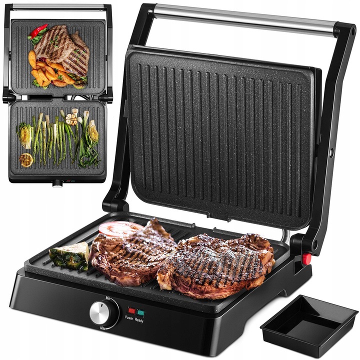 Grill elektromos MOZANO, 2200W, teflon bevonatú lapok 29x23cm, 180°-ban nyitható funkció, fekete