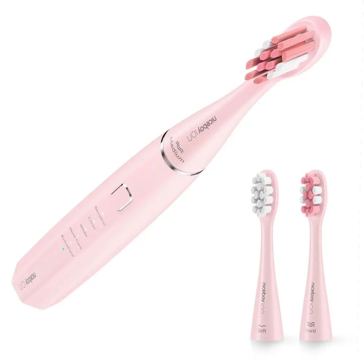 Periuta de dinti sonica Niceboy Ion Sonic, 43000 miscari/min, 3 capete, roz, set
