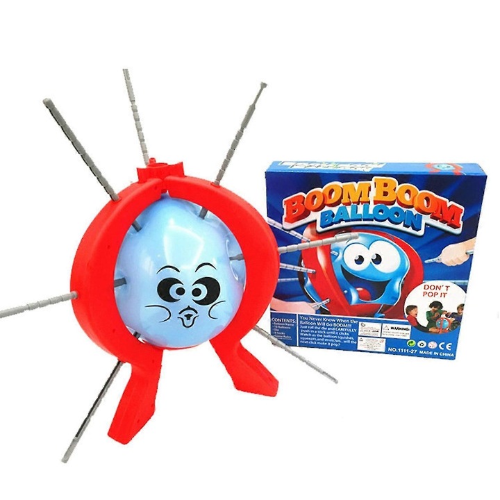 Társasjáték, Boom Boom Balloon, készlet 9 gumibottal, 1 dobókockával, 1 tartóval, 1 kör alakú kerettel, 8 lufival, piros és kék, 46x41x41cm