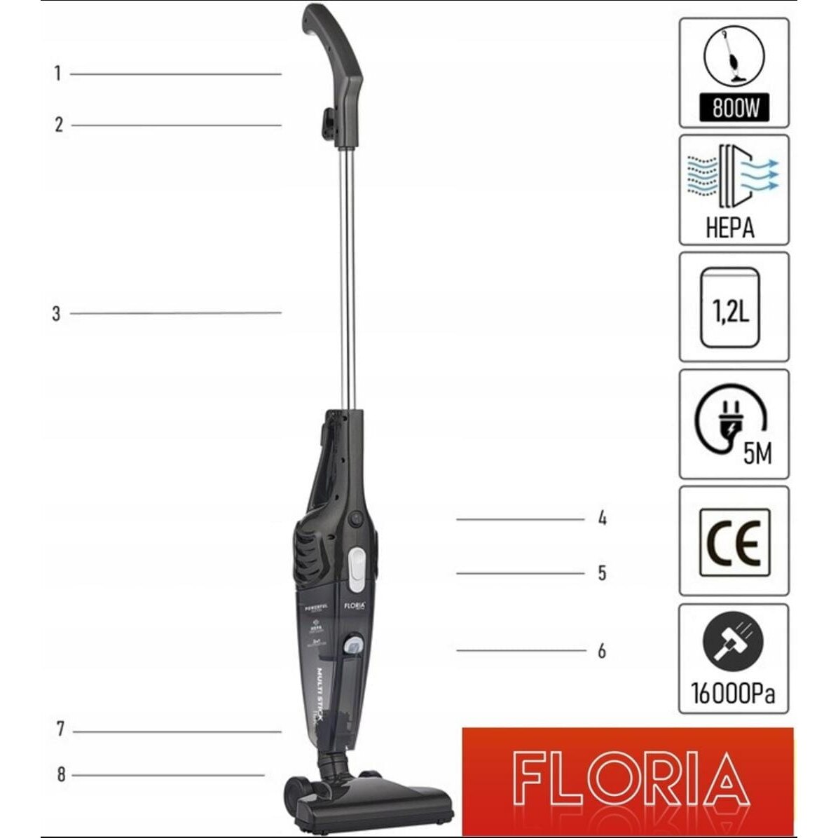 Aspirator vertical 2 in 1, 800W, Floria, putere de aspiratie 16000 Pa, tehnologie ciclonica, 5m cablu, 1,2L recipient pentru praf