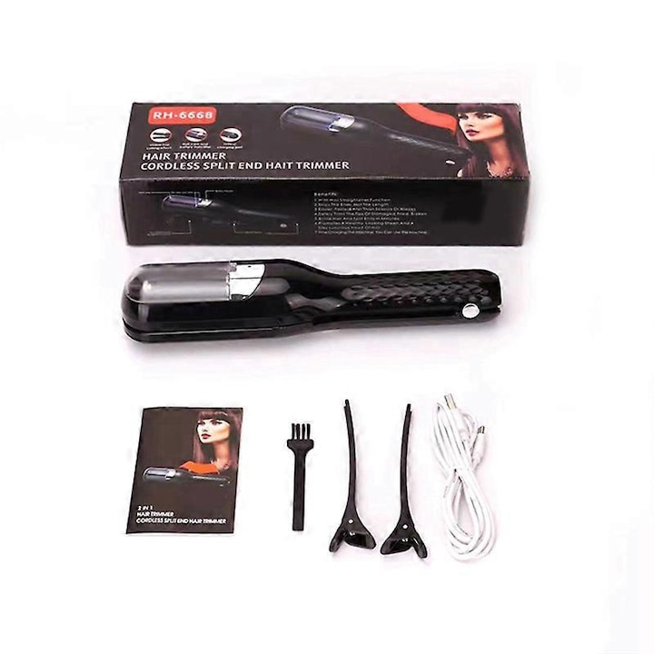 Aparat de tuns parul pentru varfuri despicate, negru, 3W, cu acumulator, set complet