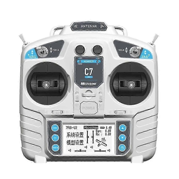 Transzmitter, MicroZone C7-MINI 2.4GHz 8CH MC8RE-V2 vevővel drónokhoz és RC repülőgépekhez, 160x80x165mm, Szürke