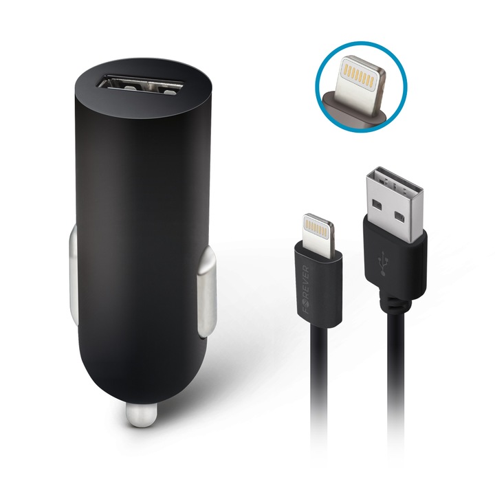 Forever M02 autós töltő, 1x USB 1A, fekete, Lightning kábellel