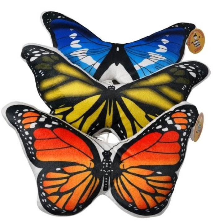 Jucarie, Fluture, Medie, 25 cm, Plus, Colorat, Moale, Confortabil, Pentru copii, Set de 1, Plus, Pentru fete, Variante de culoare: negru si portocaliu, negru si galben, negru si albastru