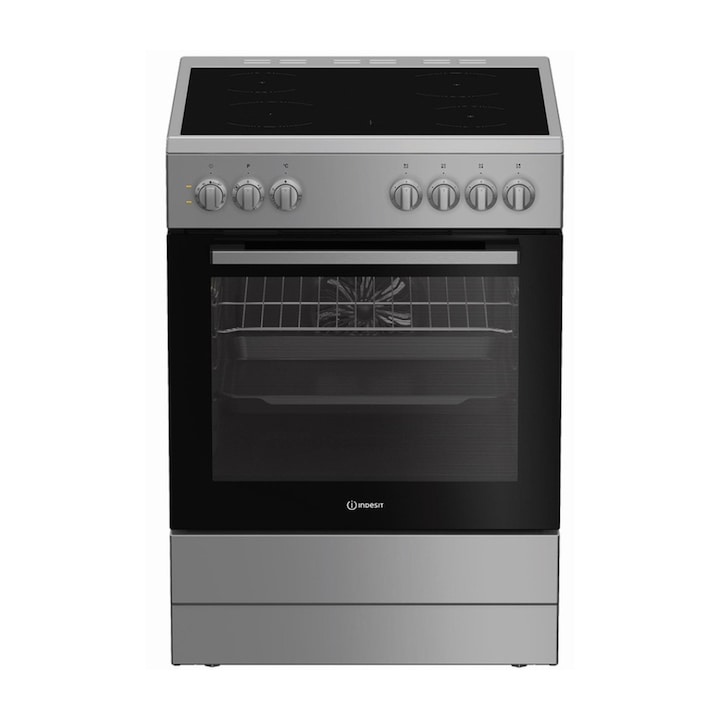 Aragaz electric Indesit I6V5PMS, Timer mecanic, Plita vitroceramica 4 zone, Cuptor multifunctional, 60 cm, 66 l, Clasa A, Inox